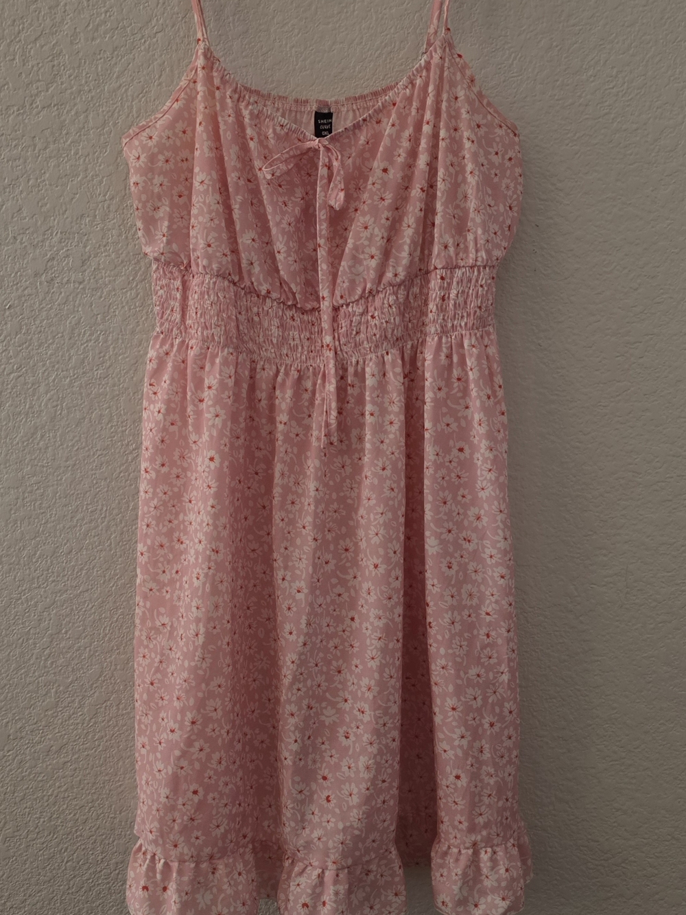 SHEIN Pink Floral Smocked Waist Sundress with Ruffle Hem